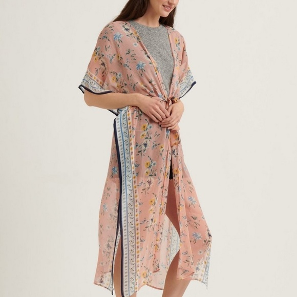 Lucky Brand Floral Border Tie Kimono - Picture 2 of 8